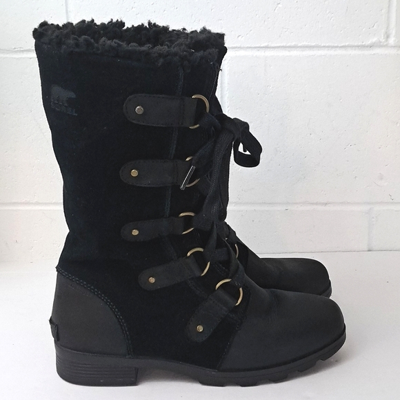 Sorel Emilie Black Leather And Suede Tall Lace-Up Fleece Lined Winter Boots Sz9 - Picture 4 of 12